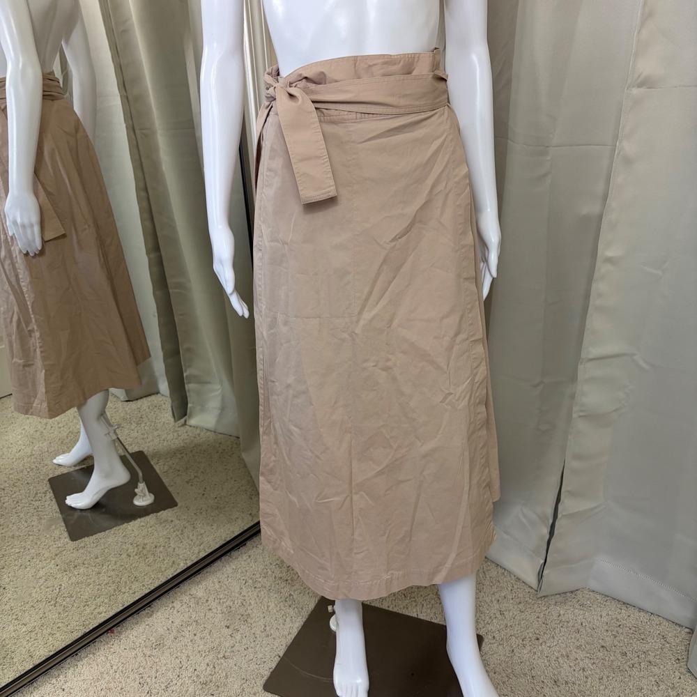 Club Monaco Tan Beige Cotton Blend Tie Waist Wrap Midi Skirt with Pockets Size 8